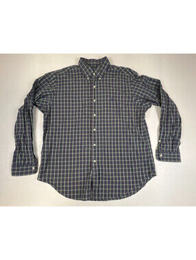 Polo Ralph Lauren Mens Shirt XL Green Navy Blue Plaid Cotton Button Down